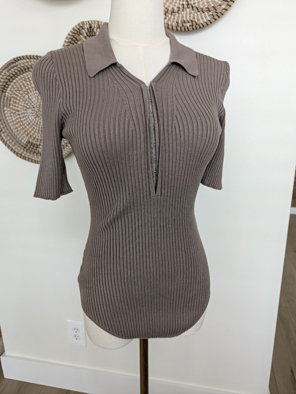 Abercrombie & Fitch Taupe Ribbed Polo Bodysuit w/ Hook & Eye Placket Medium